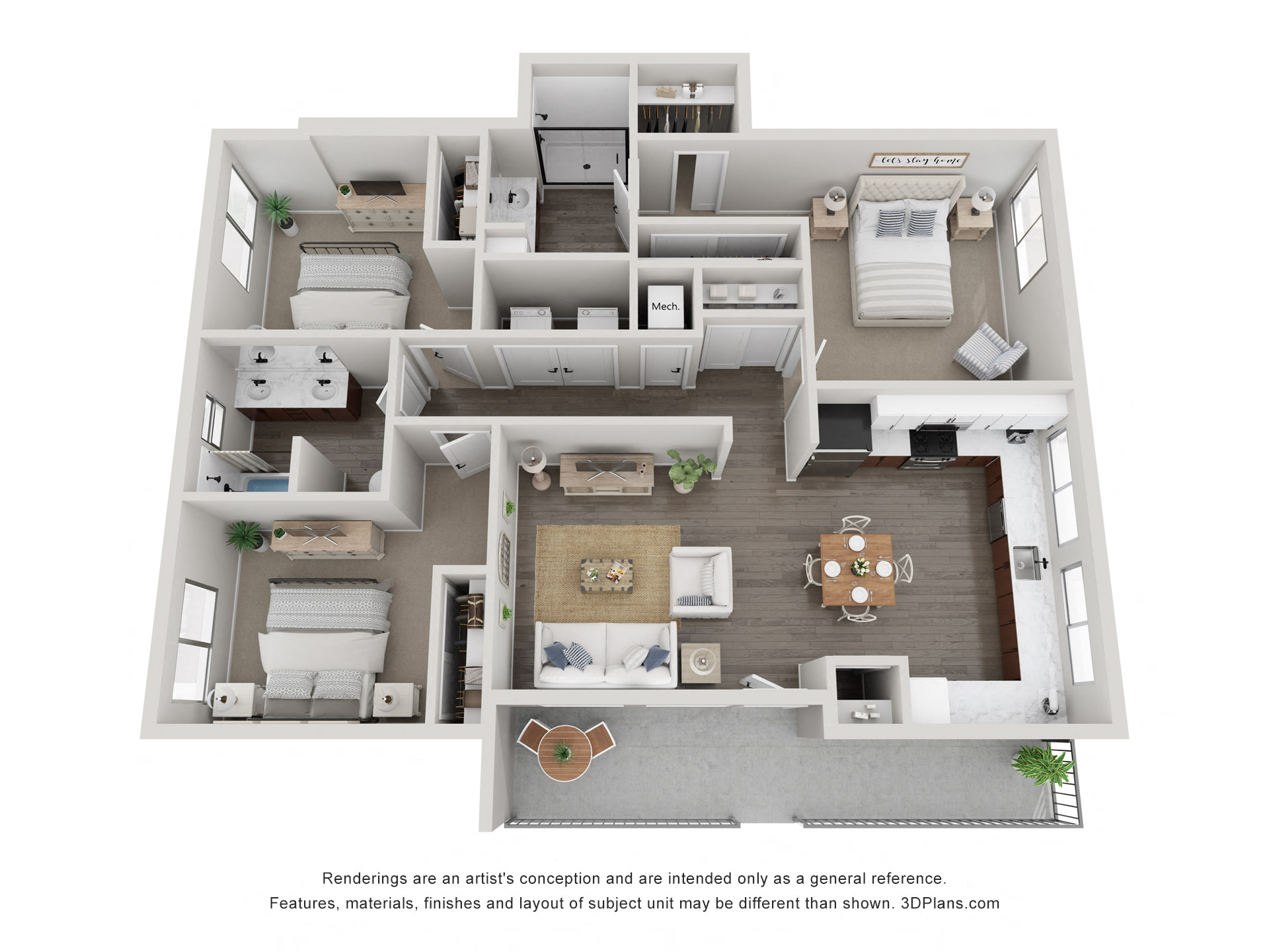 Floor plan for 3 beds, 2 baths, 1499 sqft